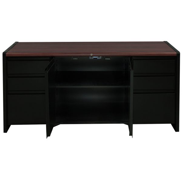 Steelcase Used Black Metal Storage Credenza, Mahogany Top National