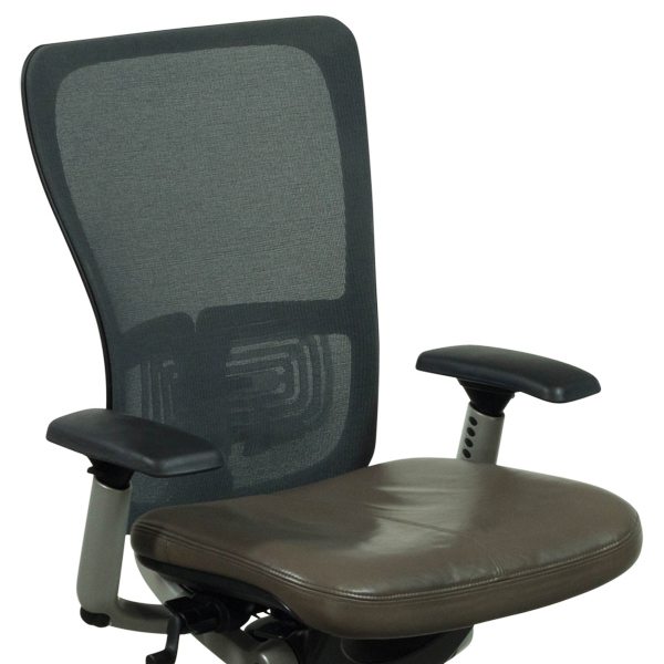 Haworth Zody Gray Mesh Back Used Task Chair, Brown Leather Seat