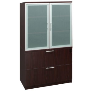Everyday 36 in Laminate 2 Drawer Lateral File with Glass Door Hutch, Mahogany