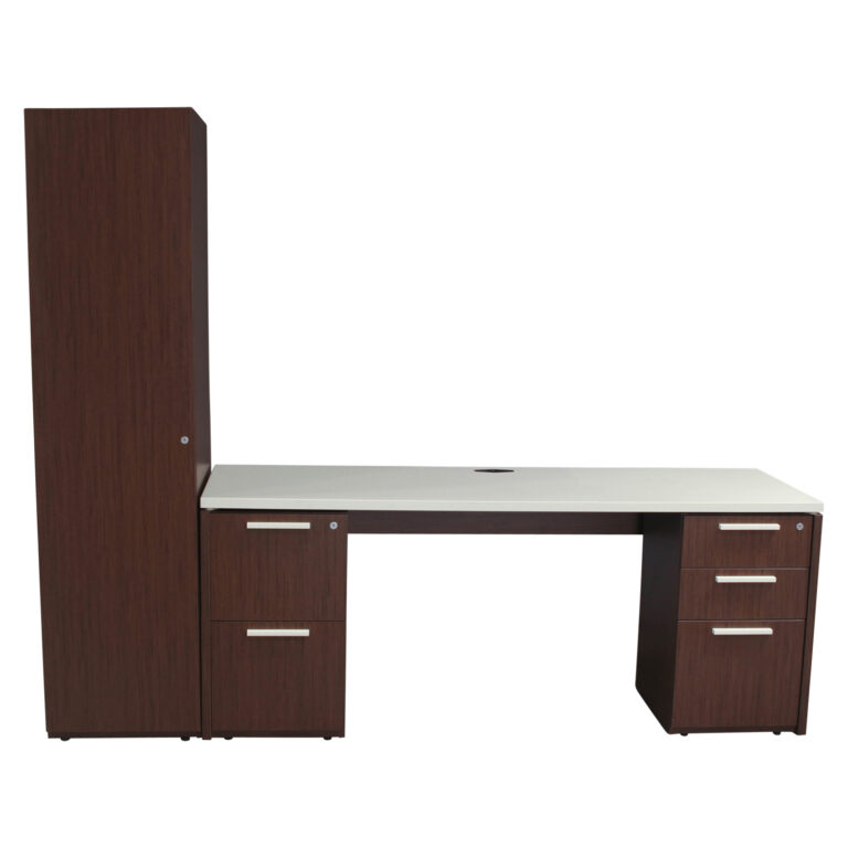 Teknion Used Laminate Open Knee Credenza with Wardrobe, Teak and White National Office