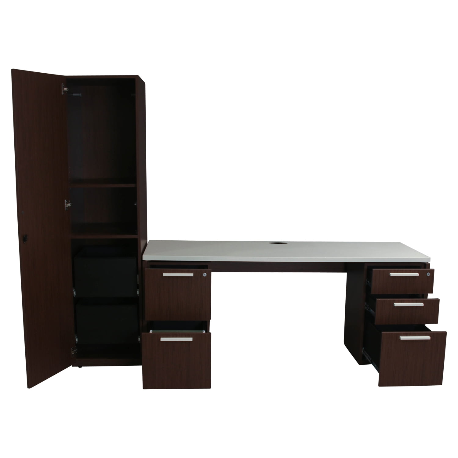 Teknion Used Laminate Open Knee Credenza with Wardrobe, Teak and White National Office