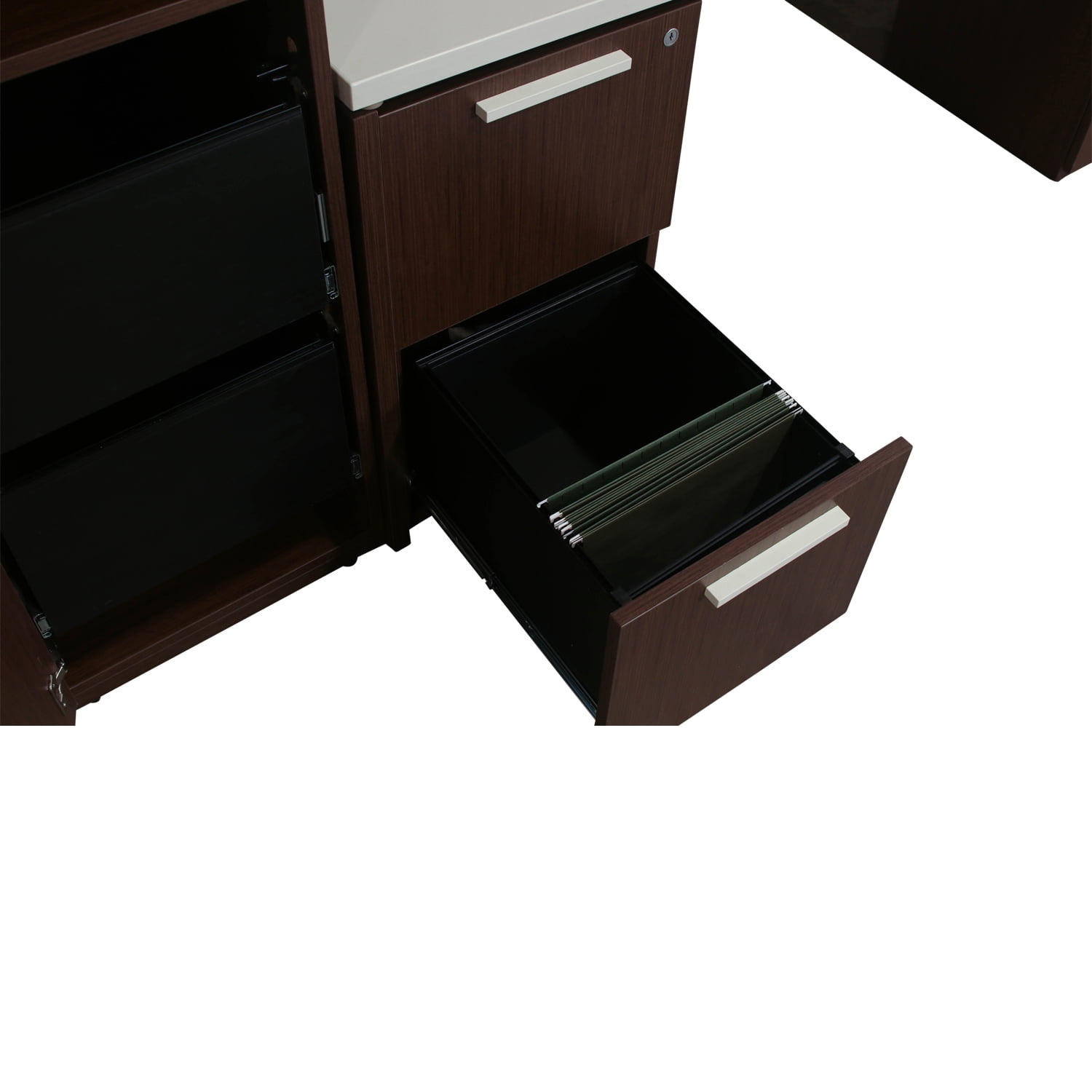 Teknion Used Laminate Open Knee Credenza with Wardrobe, Teak and White National Office