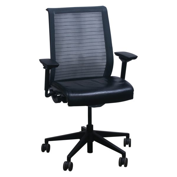 Steelcase Think Used Slate Gray Mesh Back Task Chair, Black Leather Seat