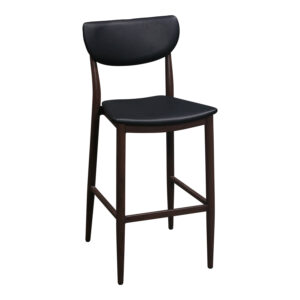 Used Faux Walnut Wood Metal Stool w Gray Wash, Black Faux Leather