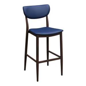 Used Faux Walnut Wood Metal Stool w Gray Wash, Ocean Blue PU Leather