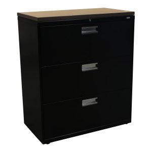 HON Used 3 Drawer 36 In Lateral File w Maple Laminate Top, Black