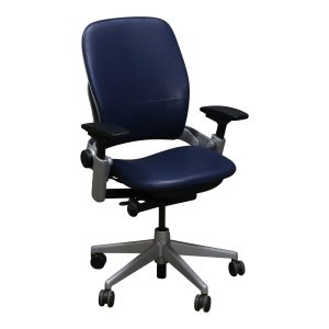 Steelcase Leap V2 Used Genuine Leather Task Chair w Platinum Frame, Navy Blue