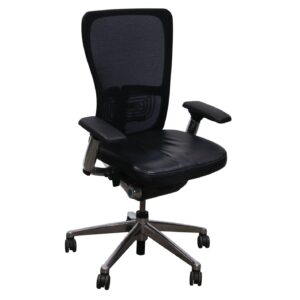 Haworth Zody Classic Used Black Mesh Back Task Chair w Aluminum Frame, Black Leather Seat