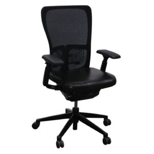 Haworth Zody Classic Used Black Mesh Back Task Chair, Black Leather Seat