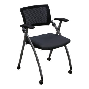 National Jimmy Used Mesh Back Nesting Chair w PU Leather Arm Pads, Black