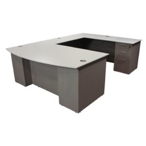 Catalina Laminate Straight Right Return U-Shape Desk, Mishan Cloth and White