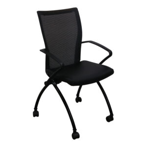 Haworth X640 Used Mobile Black Mesh Back Nesting Chair, Black Satin PU Leather Seat