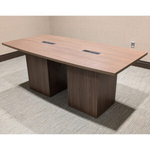 10 Foot Used Boat Shaped Laminate Conference Table w Power Block, Light Walnut