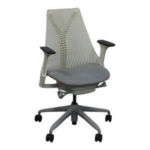 Herman Miller Sayl Used White Back Task Chair w Black Arm Pads, Gray Weave Pattern Seat