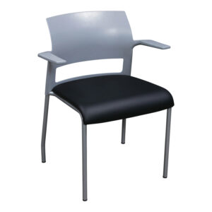Steelcase Move Used Gray Stack Chair w Arms, Black Satin PU Leather Seat