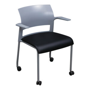 Steelcase Move Used Gray Mobile Stack Chair w Arms, Black Satin PU Leather Seat