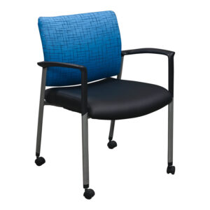 Encore Used Mobile Stack Chair w Black PU Leather Seat, Blue Pattern