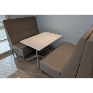Haworth Used Banquet Set w Two Benches and 30x48 Cafe Table, Gray and White