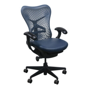 Herman Miller Mirra Used Blue Fog Back Conference Chair, Genuine Navy Leather Seat