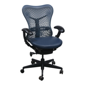 Herman Miller Mirra Used Blue Fog Back Task Chair, Genuine Navy Leather Seat