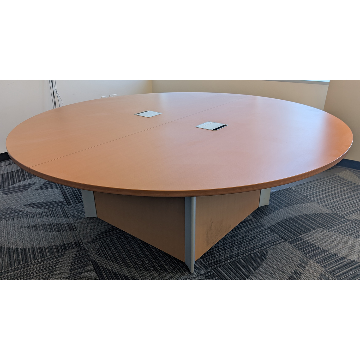 7 Foot Used Round Wood Veneer Conference Table w Power Grommets, Light ...
