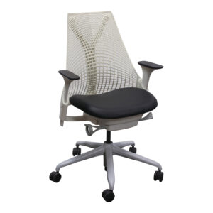 Herman Miller Sayl Used White Back Task Chair w Black Arm Pads, Genuine Black Leather Seat