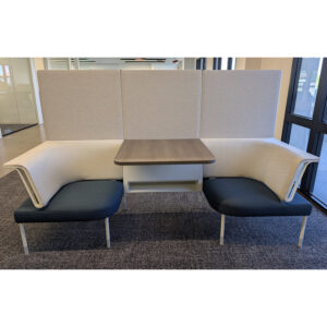 Herman Miller Public Office Landscape Used Social Chairs with Cafe Table and Privacy Panel, Blue and White