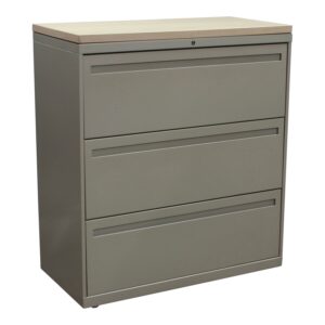 Allsteel 36 In 3 Drawer Used Putty Lateral File w Blond Maple Laminate Top