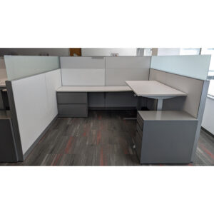 8x8 Steelcase Answer Used Cubicle w Adj Height Desk and Glass, White and Gray