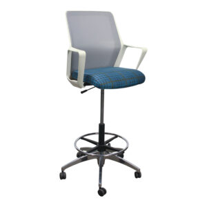 OFS Used Gray Mesh Back Work Stool, Blue Pattern Seat