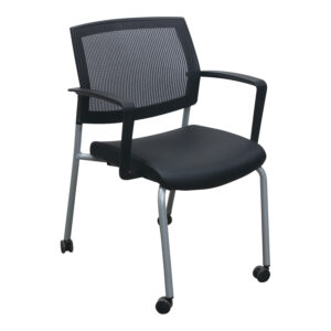 SitOnIt Focus Used Black Mesh Back Mobile Stack Chair, Black PU Leather Seat