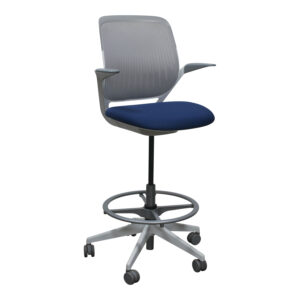 Steelcase Cobi Used Gray Mesh Stool with Fixed Arms, Blue Seat