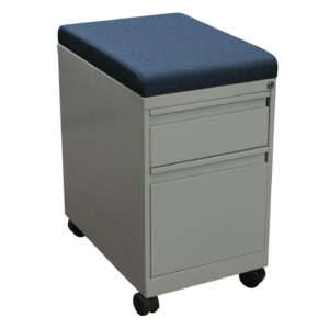 Used Box File Mobile Pedestal w Blue Pattern Cushion Top, Light Gray