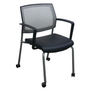 SitOnIt Focus Used Tan Mesh Back Mobile Stack Chair, Black PU Leather Seat