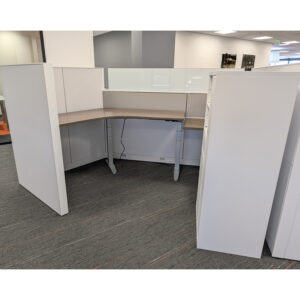 8.5x6 Steelcase Answer Used 120 Degree Cubicle w Adj Height Desk, Gray Walnut and White