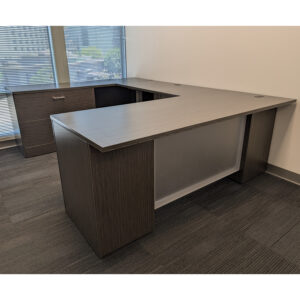 Global U-shaped Used Laminate Desk w Adj Height Bridge and Left Return, Asian Night