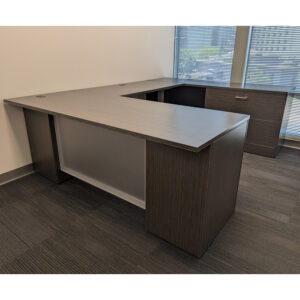 Global U-shaped Used Laminate Desk w Adj Height Bridge and Right Return, Asian Night