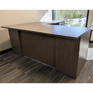 Global Used L-shaped Laminate Desk w Right Return, Driftwood