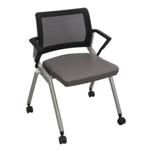 OFS Used Black Mesh Back Nesting Chair, Gray PU Leather Seat