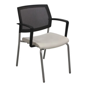 SitOnIt Focus Used Graphite Mesh Back Stack Chair w Platinum Legs, White Vinyl Seat