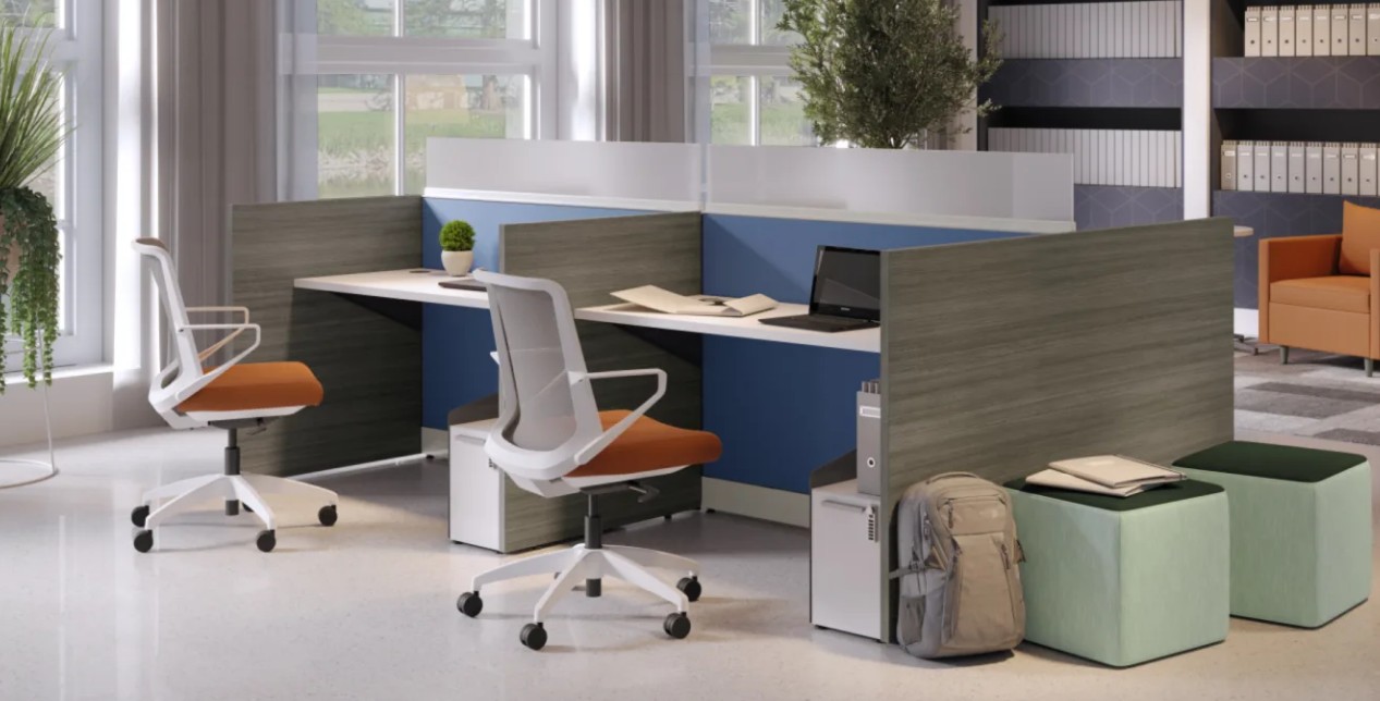 HON open plan workstations with low laminate panels, mesh back task chairs, mobile pedestals and upholstered cube ottomans